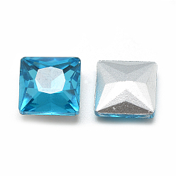 Deep Sky Blue Pointed Back Glass Rhinestone Cabochons, Back Plated, Faceted, Square, Deep Sky Blue, 8x8x3.5mm
