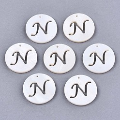 Letter N Natural Freshwater Shell Charms, Flat Round with Hollow Out Letter, Letter.N, 14.5x1.5mm, Hole: 0.9mm