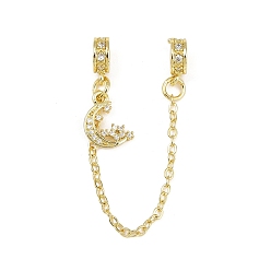 Луна Латунные паве прозрачные кубические цирконии европейские защитные цепи с подвесками, долговечный, стойки покрытие, золотые, луна, 90 мм, отверстие : 4 мм, Луна: 12.5x8.5x2 мм