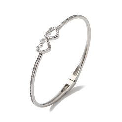 Платина Полые двойные браслеты с сердечками из полой латуни с микропаве из прозрачного кубического циркония, без свинца и без кадмия, долговечный, платина, внутренний диаметр: 2-1/4x2-1/8 дюйм (5.7x5.3 см)