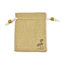 Светло-коричневый Мешковины упаковочные пакеты, шнурок сумки, с деревянных бусин, загар, 13.8~14.3x10.8~11.5 см