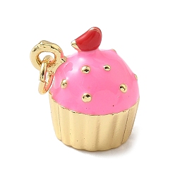 Темно-Розовый Латунь эмаль подвески, с целью перехода в кольце, торт прелести, без свинца и без кадмия, долговечный, реальный 18 k позолоченный, стойки покрытие, темно-розовыми, 12x14.5x11 мм, отверстие : 3.2 мм