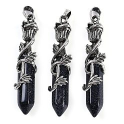 Синий Драгоценный Камень Синтетический голубой авантюрин ограненный двойной конечный остроконечный большой кулон, Подвески в виде шестиугольной призмы с розой в оболочке из сплава, античное серебро, 51~53x14x10.5 мм, отверстие : 4.5 мм