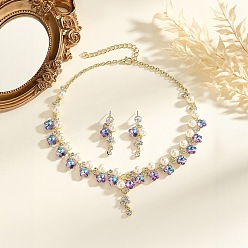 Золотой Ожерелья и серьги-гвоздики из цинкового сплава со стразами, пластиковым искусственным жемчугом и стеклом, цветок, золотые, колье: 15.75 дюйм (40 см)