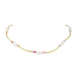 Золотой Ожерелья из круглых граненых бусин из натурального аметиста, сердолика, агата, амазонита и зеленого авантюрина, натурального жемчуга, риса и латунных изогнутых трубчатых бусин, цветочный белый, золотые, 17.05 дюйм (43.3 см)