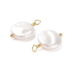Blanc Pendentifs en plastique imitation perle abs, avec des apprêts en laiton plaqués or véritable, charme plat rond, blanc, 18mm, Trou: 16x10x3.5mm