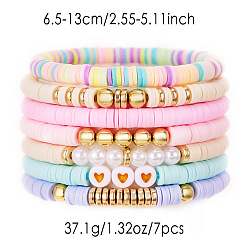 (52) Непрозрачная лаванда 7 Набор эластичных браслетов для женщин с узором в виде сердечек из полимерной глины, пластиковых бусин и жемчуга, а также пластиковых бусин CCB., разноцветные, внутренний диаметр: 2.56~5.12 дюйм (6.5~13 см)