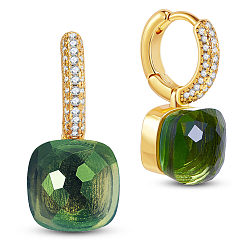 Dunkelgrün Messing Ohrringe, mit Grade aaa Zirkonia und Glas, Viereck, echt 18 k vergoldet, dunkelgrün, 21 mm