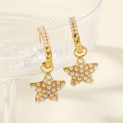 Звезда Женские серьги-кольца из латуни в стиле барокко с настоящим золотом 18k, с пластиковой жемчужины, звезда, 35x18 мм