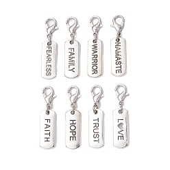 Античный Серебристый & Платиновый 8 шт 8 стили сплав прямоугольник с вдохновляющим словом подвеска украшение, Подвески с застежками-когтями омара для украшения сумок, старинное серебро и платина, 33~34 мм, 1 шт / стиль