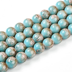 Бирюза Выпечки нарисованных стеклянных бусин прядей, круглые, два тона, бирюзовые, 10~10.5 мм, отверстие : 1.4 мм, около 79~83 шт / нитка, 29.92~31.10 дюйм (76~79 см)