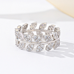 Платина Кольца для женщин с микропаве из латуни и кубическими цирконами, лист, платина, размер США 9 (18.9 мм)