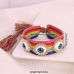 Разноцветный Богемные браслеты из латуни и смолы, регулируемые браслеты из плетеного шнура из полиэстера для женщин, сглаз и кисточка, реальный 18 k позолоченный, красочный, 5.91~9.84 дюйм (15~25 см)