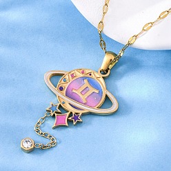 Близнецы 304 ожерелья с подвесками в виде планет и созвездий из нержавеющей стали с перламутровой эмалью, с кристально горный хрусталь, золотые, Близнецы, 15.94 дюйм (40.5 см)