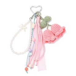 Ярко-Розовый Подвеска ручной работы из хлопковой пряжи с ландышами, круглыми бусинами из АБС-пластика и полиэстеровым шнуром, с алюминиевыми застежками-сердечками для ключей, ярко-розовый, 245~250 мм
