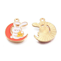 Naranja Rojo Colgantes de la aleación del esmalte, sin cadmio y níque y plomo, la luz de oro, luna con conejo, rojo naranja, 18x15x1.5 mm, agujero: 1.4 mm