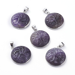 Аметист Подвески из натурального аметиста , с настройками кулона из латуни платинового тона, плоские круглые с деревом, 28~29x24~25x6~7 мм, отверстие : 6x4 мм