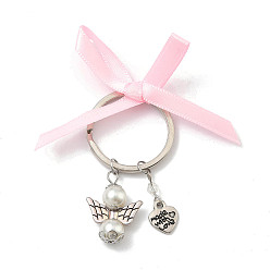 Alloy Alloy Keychain, with Tibetan Style Alloy Pendants, Wing, 304 Stainless Steel Open Jump Rings, Pearlized Glass Pearl Beads, Iron Split Key Rings, 60mm