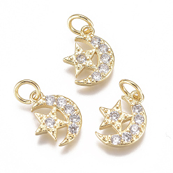 Real 18K Gold Plated Brass Micro Pave Cubic Zirconia Charms, with Jump Ring, Long-Lasting Plated, Moon with Star, Clear, Real 18K Gold Plated, 12x9x2mm, Hole: 3mm