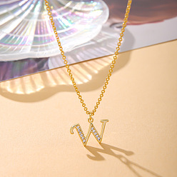 Letter W Модные латунные микропаве прозрачные кубические цирконии начальные подвески ожерелья для женщин, реальный 14 k позолоченный, Буква W, 16.54 дюйм (42 см)