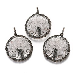 Хрусталь Природного кварца хрустальных подвесок, с красной медью, плоские круглые с дерева жизни, 64~67.5x50~51x6~7.5 мм, отверстие : 8x5~6.5 мм