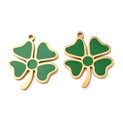 Oro 304 Colgantes de acero inoxidable con esmalte verde, Dijes de trébol de cuatro hojas, dorado, 22.5x19x1 mm, agujero: 1.5 mm