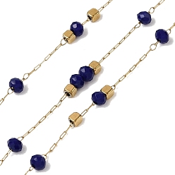 Полуночно-синий 304 кабельные цепи из нержавеющей стали, рондель, со стеклом, ионное покрытие (ip), реальный 18 k позолоченный, пайки, с катушкой, темно-синий, 2x0.7x0.3 мм, около 32.81 футов (10 м) / рулон