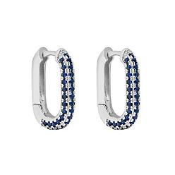 Silver 925 Sterling Silver Hoop Earrings, Minimalist Design Micro Cubic Zirconia Oval Personalized Women's Earrings, Marine Blue, 14.5x10.7mm, Pin: 0.9mm