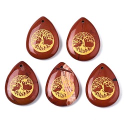 Красный Камень Природные красной яшмы подвески, слеза с рисунком дерева жизни, 32~33.5x25~26x6.5~7.5 мм, отверстие : 2 мм, 6 шт / пакет