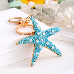 Light Sky Blue Alloy with Rhinestone Keychain for Women, Starfish, Light Sky Blue, 7.3x7.2cm