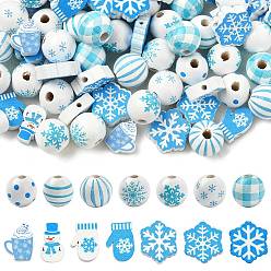 Небесно-голубой 100 шт. 14 стиль Хэллоуин Рождество тема деревянные европейские бусины, бусины с большим отверстием, смешивает форму, голубой, 15.5~19.5x5.5~17.5 мм, отверстие : 2~4.5 мм