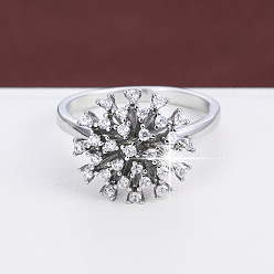Platinum Brass Micro Pave Cubic Zirconia Finger Rings for Women, Flower, Platinum, US Size 7(17.3mm)