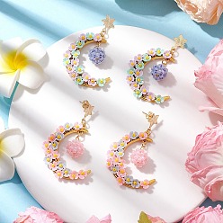 Mixed Color 2Pairs Glass Seed Beads Moon Dangle Stud Earrings, with 201 Stainless Steel Earring Findings and Resin, Mixed Color, 56x36mm, 1pair/color