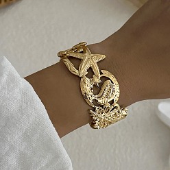 Морская звезда Морская тематика 304 Браслеты-манжеты из нержавеющей стали для женщин, золотые, морская звезда, внутренний диаметр: 2.48 дюйм (6.3 см), широк: 28 мм