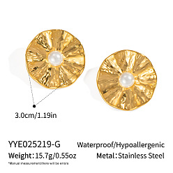 Настоящее золото 18K Серьги-гвоздики из нержавеющей стали с плоскими круглыми складками, с имитацией жемчуга, реальный 18 k позолоченный, 30 мм
