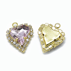 Розовый Стеклянные стразы подвески, с легкими золотыми тонами латуни, сердце, светло-розовый, 21x16.5x6 мм, отверстие : 2 мм
