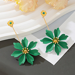 Средний Морско-зеленый Серьги сплава горный хрусталь, цветок, золотые, средний морской зеленый, 63x38 мм