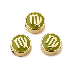 Дева Латунные бусины, с эмалью, плоские круглые с созвездием, реальный 18 k позолоченный, оливковый, Дева, 10x5 мм, отверстие : 4.5x2.5 мм