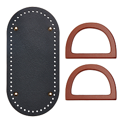 Black PU Leather Knitting Crochet Bags Nail Bottom, with Bamboo Wood D Shape Handles Replacement, for Bag Straps Replacement Accessories, Black, 250x121x4.5mm, Hole: 5mm