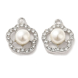 Platine Alliage avec pendentifs en strass, avec abs imitation perle, charmes de fleurs, platine, 19.5x16.5x8.5mm, Trou: 2mm
