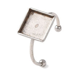 Stainless Steel Color 304 Stainless Steel Cuff Rings Components, Pad Ring Base Findings, Square, Stainless Steel Color, 11mm, 19mm, Tray Size: 10x10mm
