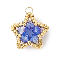 Синий Подвески-звезды из стеклянного бисера, с 304 открытым соединительным кольцом из нержавеющей стали и стеклом, граненые, синие, 18.5x19x10.5 мм, отверстие : 3 мм