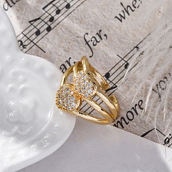 Настоящее золото 18K Кольца-манжеты из латуни с микропаве, прозрачные кубические циркония, кольца в форме сердца для женщин, долговечный, стойки покрытие, не содержит кадмия и углеводов, реальный 18 k позолоченный, регулируемый, 15 мм