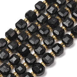 Tourmaline Natural Black Tourmaline Beads Strands, Faceted Table Cut Cube Beads, with Seed Beads, 6~7.5x6~7.5x6~7.5mm, Hole: 0.8~1mm, about 44~46pcs/strand, 14.37~15.35''(36.5~39cm)
