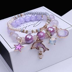 Средняя Орхидея 2шт. 2 стили эластичные браслеты из пластика и стеклянных бусин, браслеты с подвесками из сплава эмали для женщин, дельфин, золотые, средне орхидеи, средне орхидеи, внутренний диаметр: 2-3/8 дюйм (6 см)