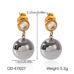 Goldenen und Edelstahl Farbe Zweifarbige Ohrstecker aus Edelstahl und klaren Zirkonia, Runde, goldenen und Edelstahl Farbe, 304 mm