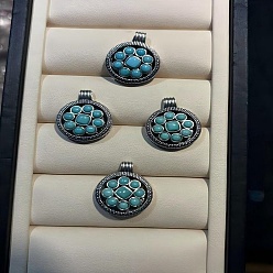 Плоский Круглый 925 Подвески из стерлингового серебра с окрашенной синтетической бирюзой, полые прелести, серебряный цвет гальваническим, разноцветные, плоско-круглые, 25x22 мм