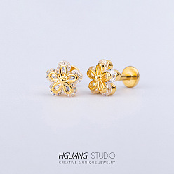 Цветок Серьги-гвоздики из нержавеющей стали с микропаве из прозрачного кубического циркония для женщин и мужчин, плоская серьга сзади, цветок, 6 мм, штифты : 1.2 мм