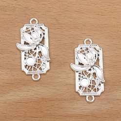 Silver Alloy Pendant Cabochons Setting, Rectangle with Flower, Silver, Tray: 4mm, 35x18mm, 50pcs/set