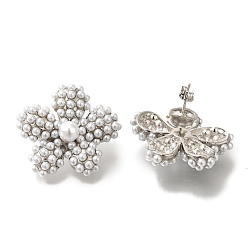 Платина Серьги-гвоздики из латуни с цветочным покрытием, с пластмассовой жемчужиной abs, долговечный, без свинца и без кадмия, платина, 28x30 мм